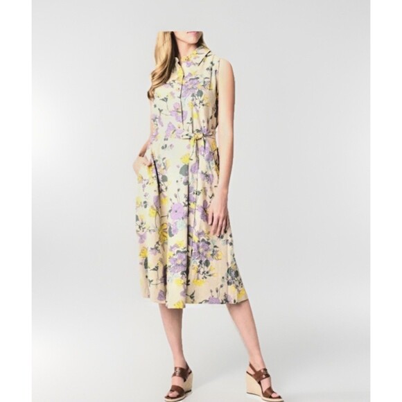 Liz Claiborne Floral Belted Dress Womens SZ 6 Fit & Flare Midi Sleeveless Linen - Picture 1 of 11